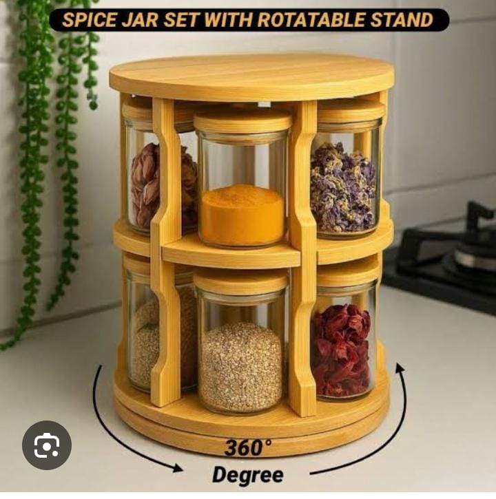 360° Rotating Bamboo Spice Rack with Glass Jars – Kitchen Countertop Spice Organizer
