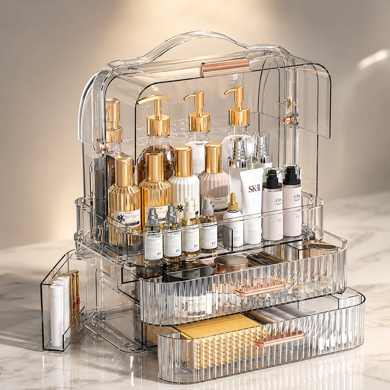 Luxury Makeup Organizer Box with Cover – Dustproof Cosmetic Storage with Drawers